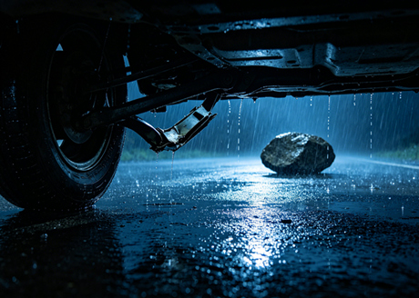 Schaden am Fahrzeug-Hilfsrahmen weckt die Erinnerung daran, im Regen einen großen Stein getroffen zu haben
